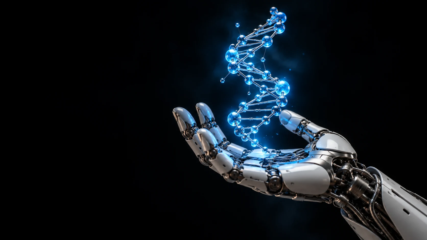 AI concept of a robotic hand and a molecular structure